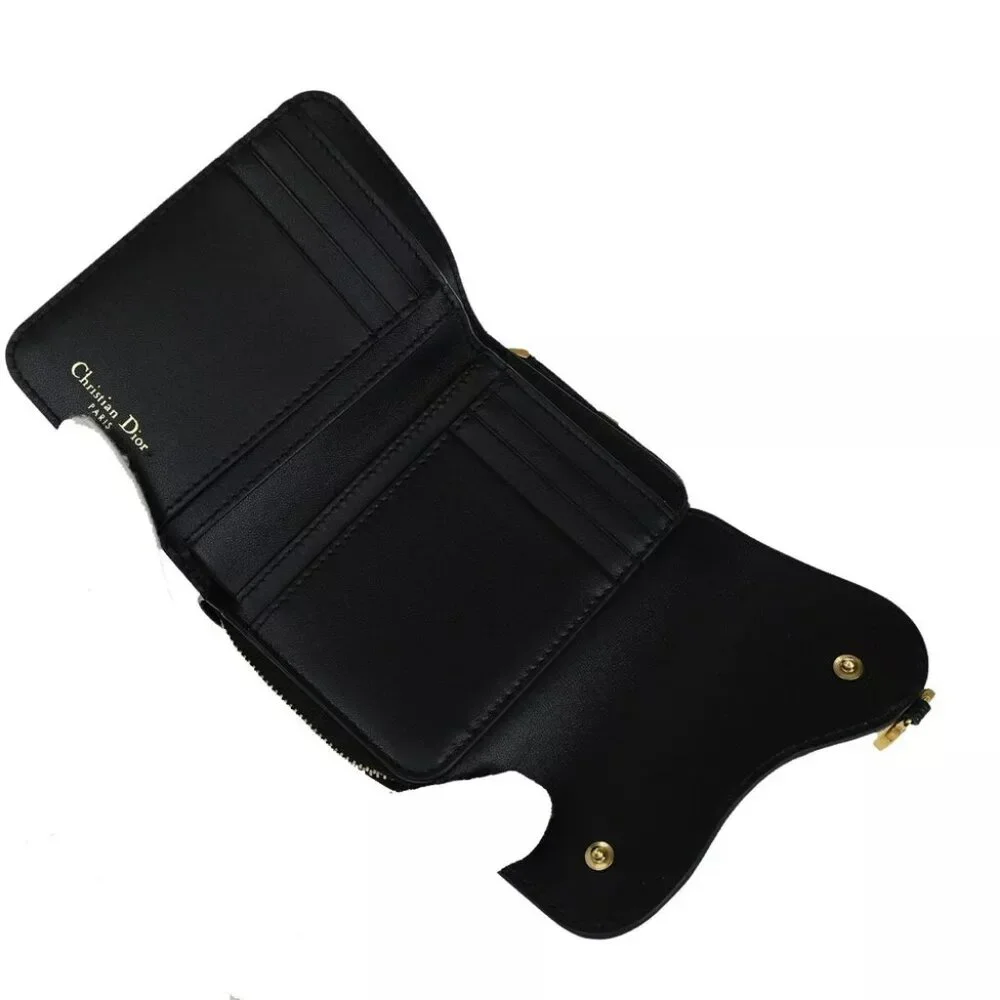 CHRISTIAN DIOR Logo Saddle Trifold Wallet Purse Leather Black